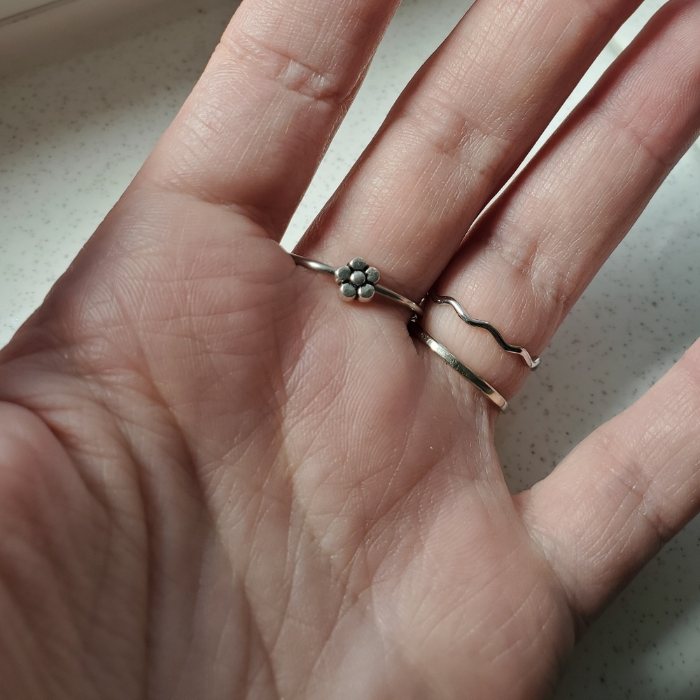 silver wavy flower boho 90s y2k hippie retro dainty 925 metal band rings set